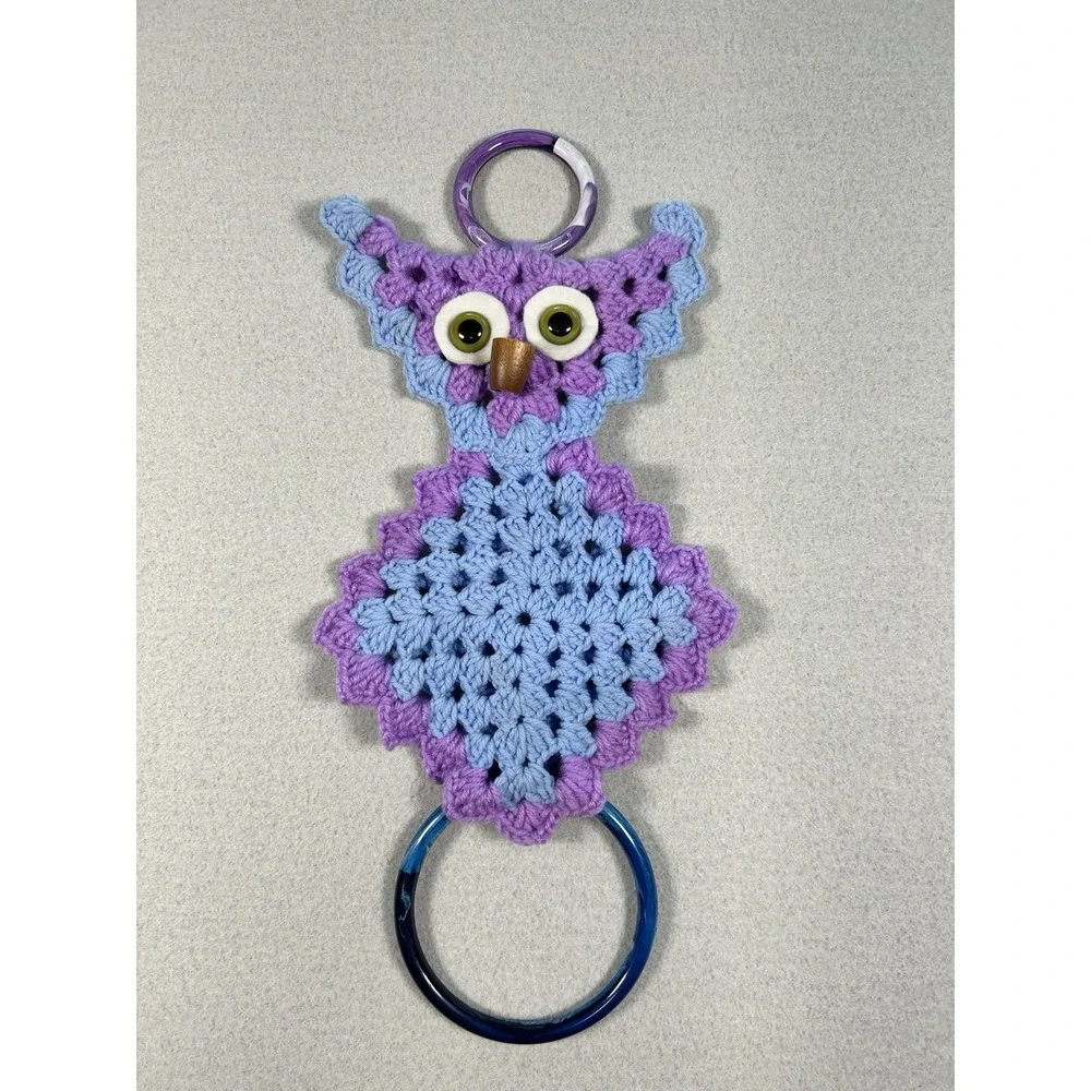 Vtg Crochet Owl Hand Towel Holder with Real looking Eyes Purple Blue MCM